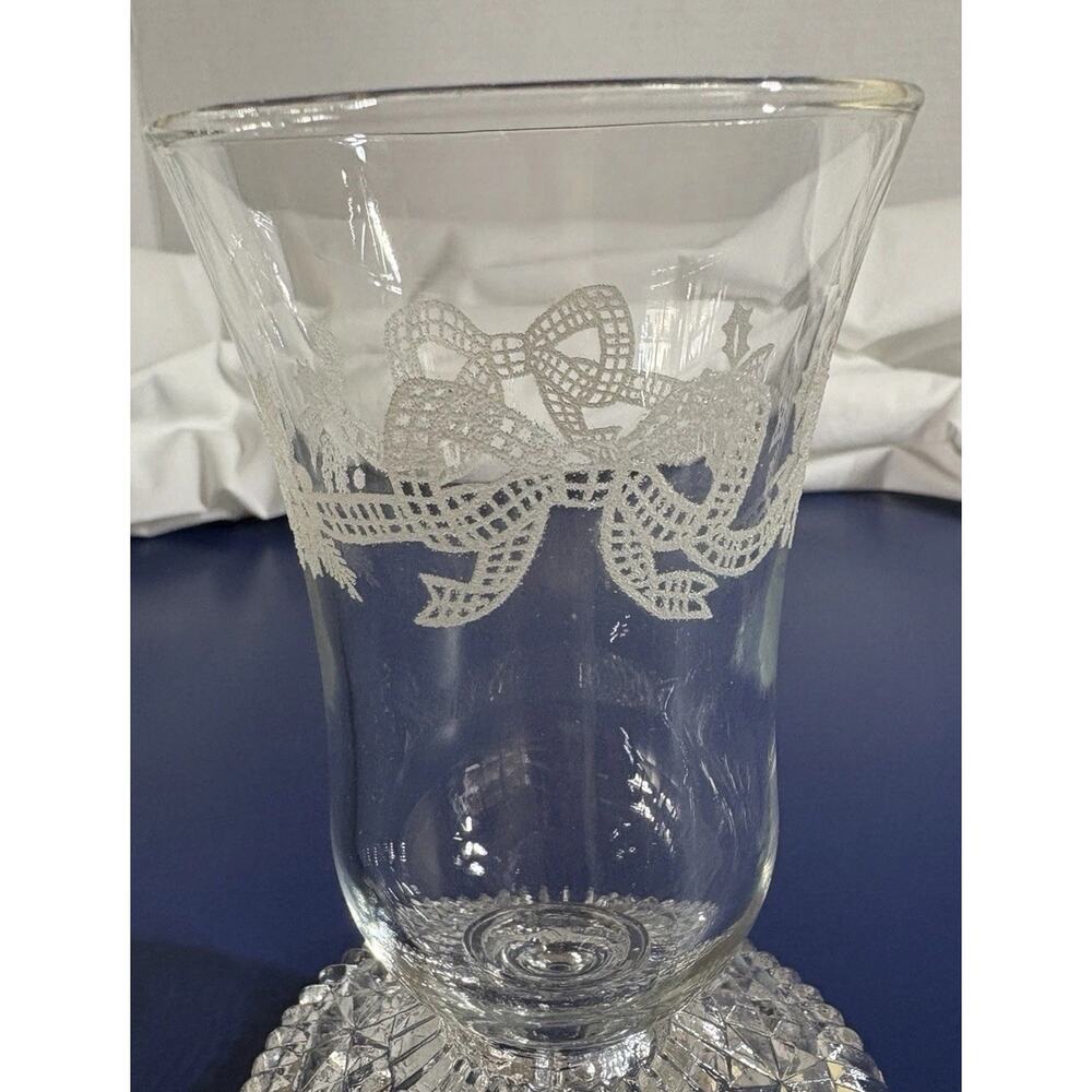 Vtg Holiday Themed Glass Candle Sconce Etched Winter Theme Bow & Holly